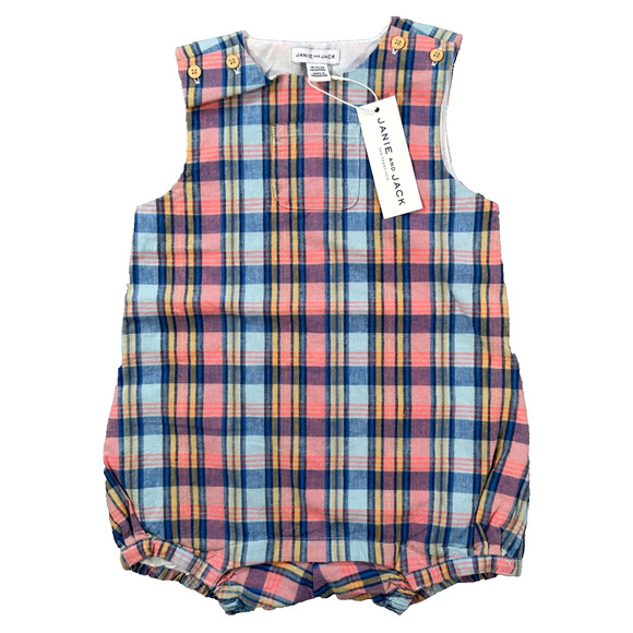Janie and Jack Plaid Bubble Romper 18 to 24 Months Blue Pink Yellow New - Picture 1 of 5